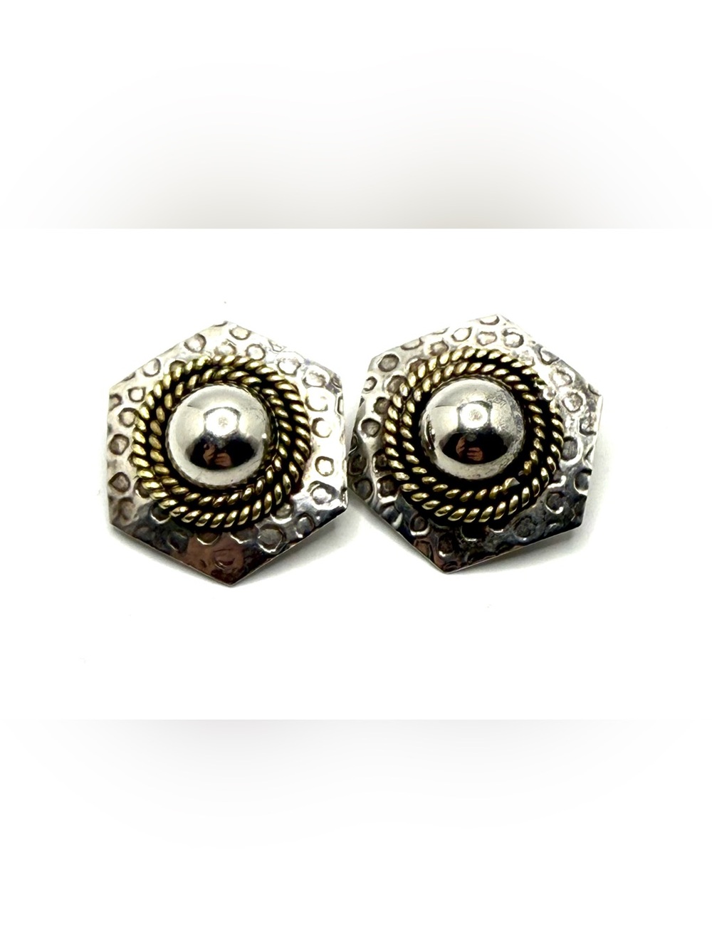 Vintage Taxco Sterling Silver/Brass Clip Earrings–Mixed Metal Modernist Style